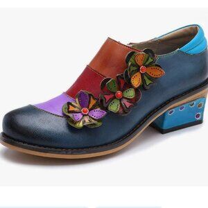 Leather Block Heel Pumps Oxford  Vintage Bohemian Mary Jane Shoes